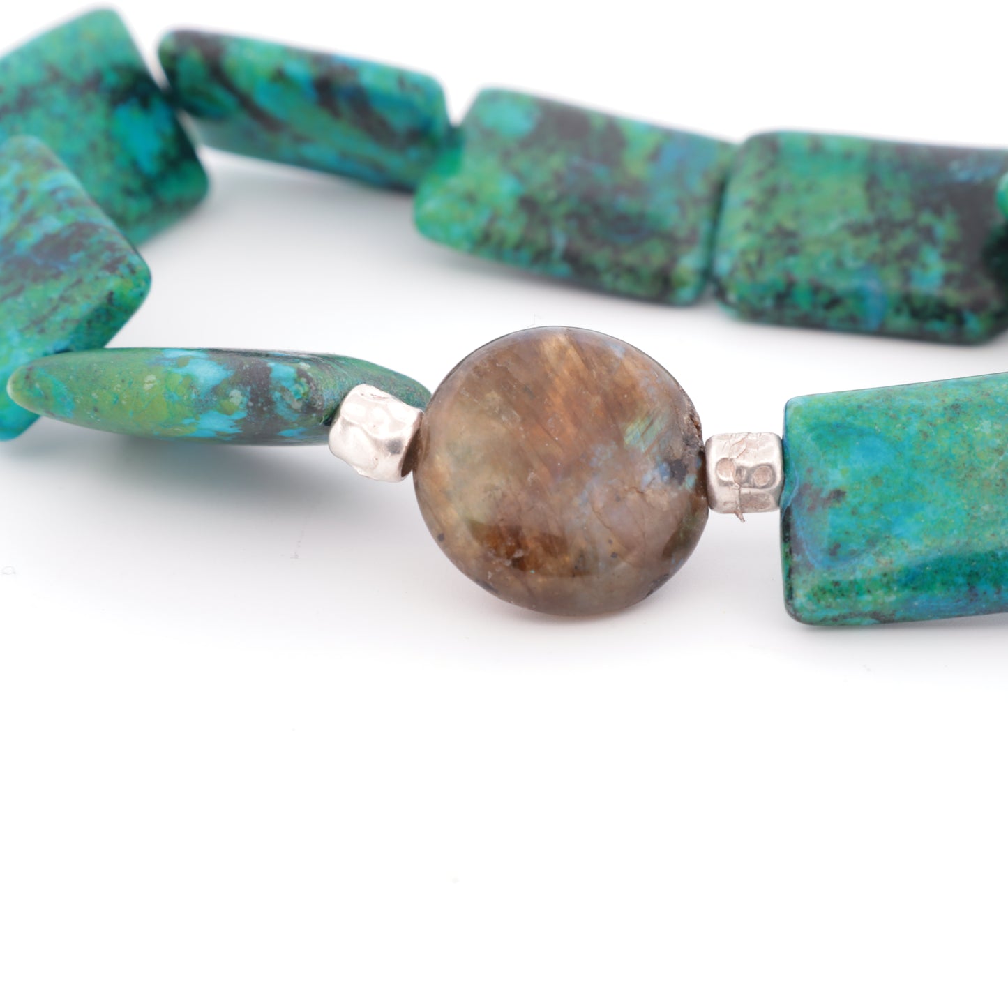 Bracelet Perles Malachite, Labradorite et Perles Intercalaires en Argent