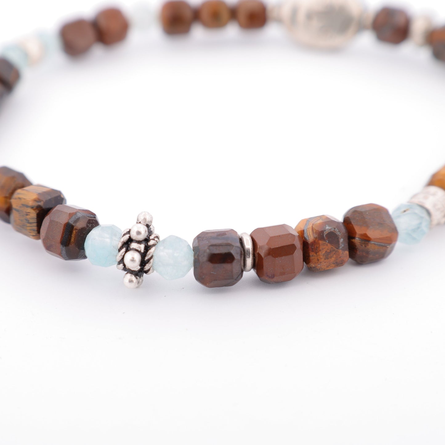 Bracelet Perles d'Agate Facetées, Motif Visage et Perles Intercalaires Argent