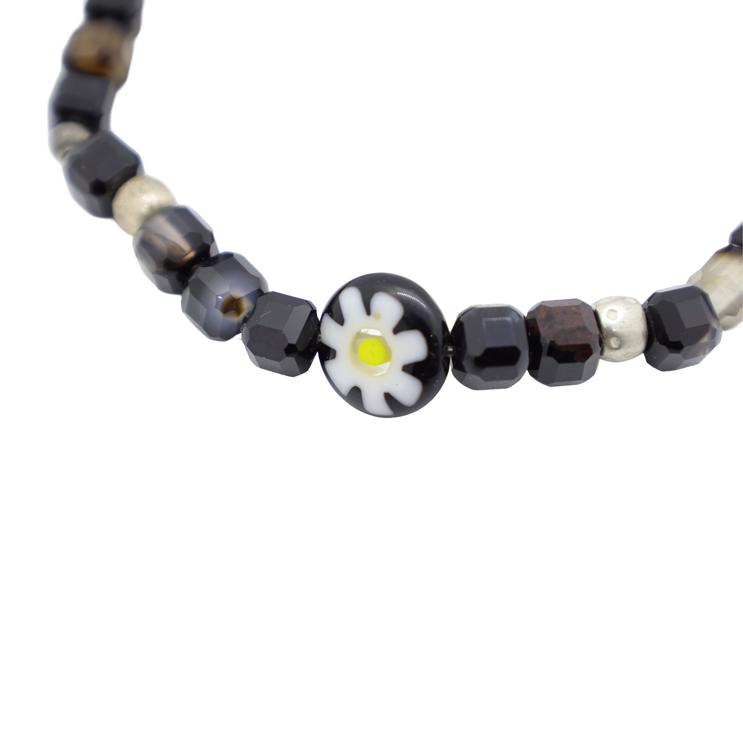 Bracelet Perles d'Agate Facetées, Pâte de Verre Florale et Perles Intercalaires Argent