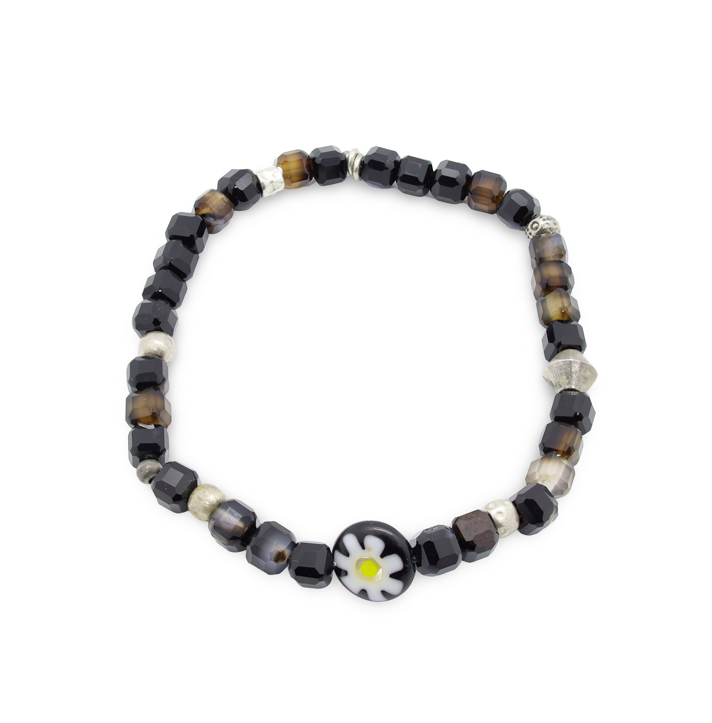 Bracelet Perles d'Agate Facetées, Pâte de Verre Florale et Perles Intercalaires Argent