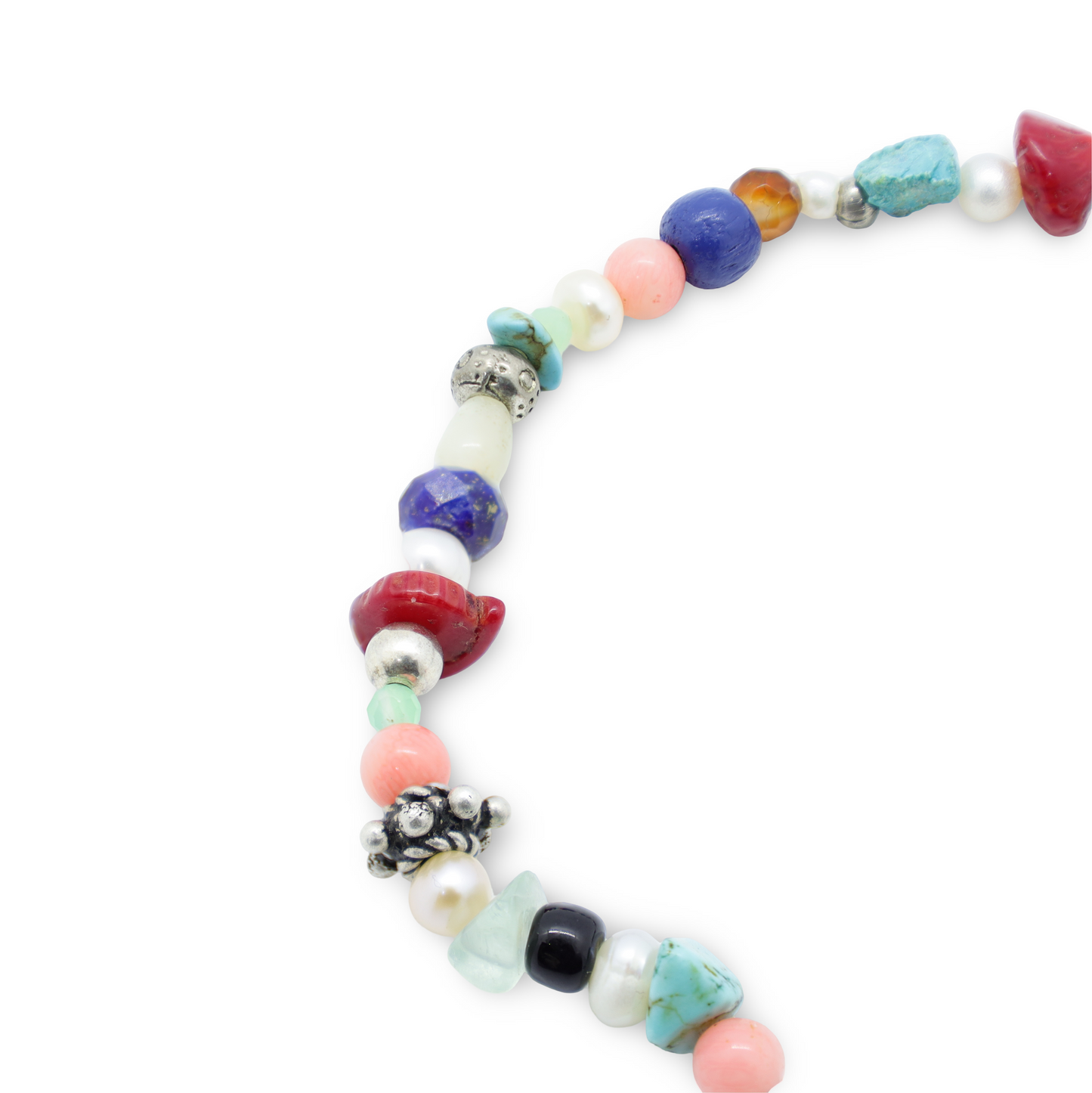 Bracelet Perles en Pierres Semi-Précieuses, Perles d'Eau Douce, Pâtes de Verre et Perles Intercalaires Argent