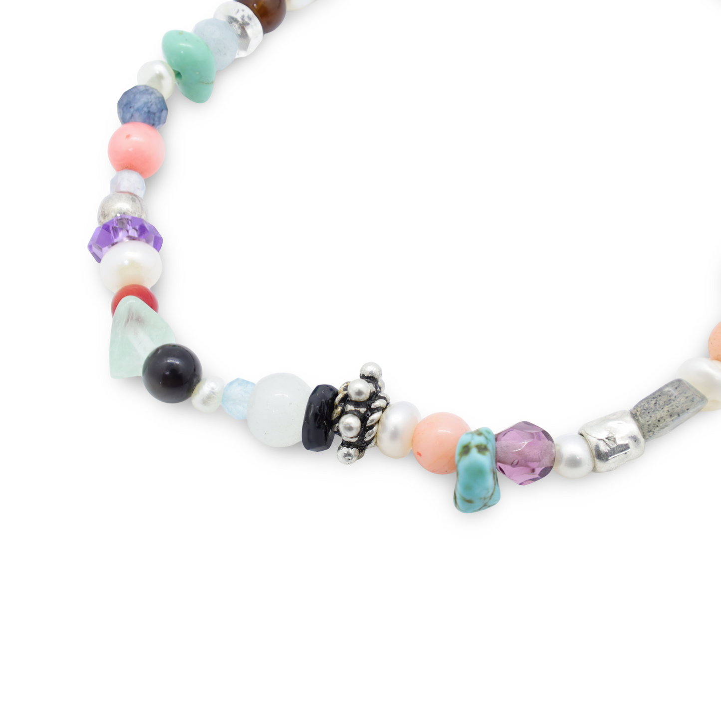 Bracelet Perles en Pierres Semi-Précieuses, Perles d'Eau Douce, Pâtes de Verre et Perles Intercalaires Argent