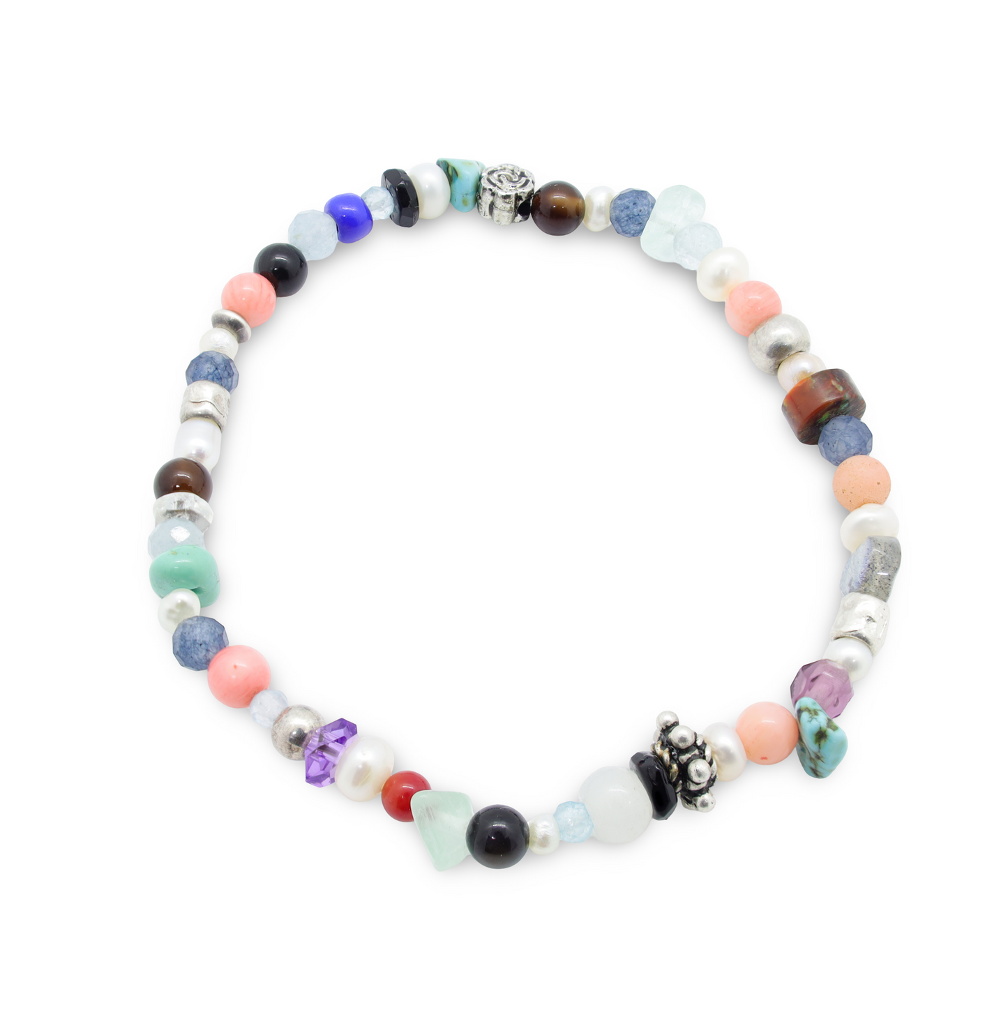 Bracelet Perles en Pierres Semi-Précieuses, Perles d'Eau Douce, Pâtes de Verre et Perles Intercalaires Argent