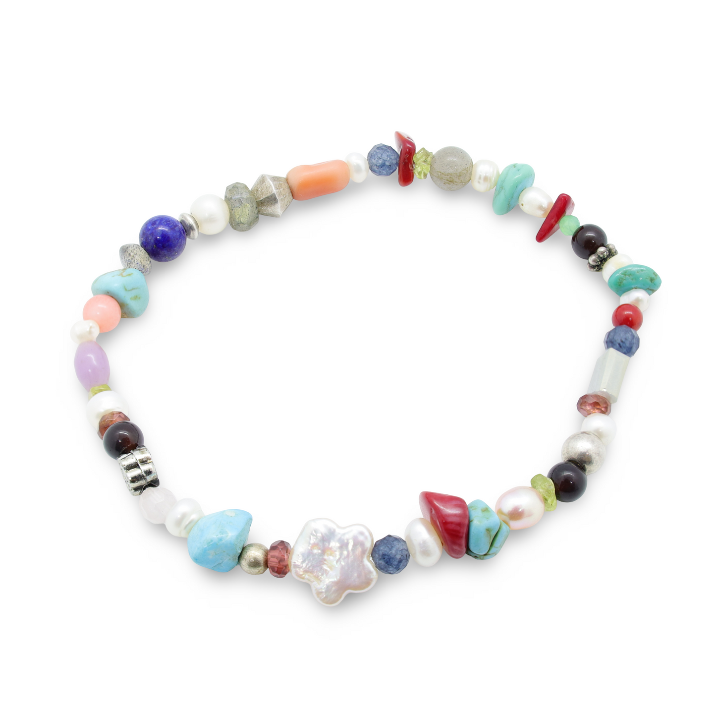 Bracelet Perles en Pierres Semi-Précieuses, Perles d'Eau Douce, Pâtes de Verre et Perles Intercalaires Argent