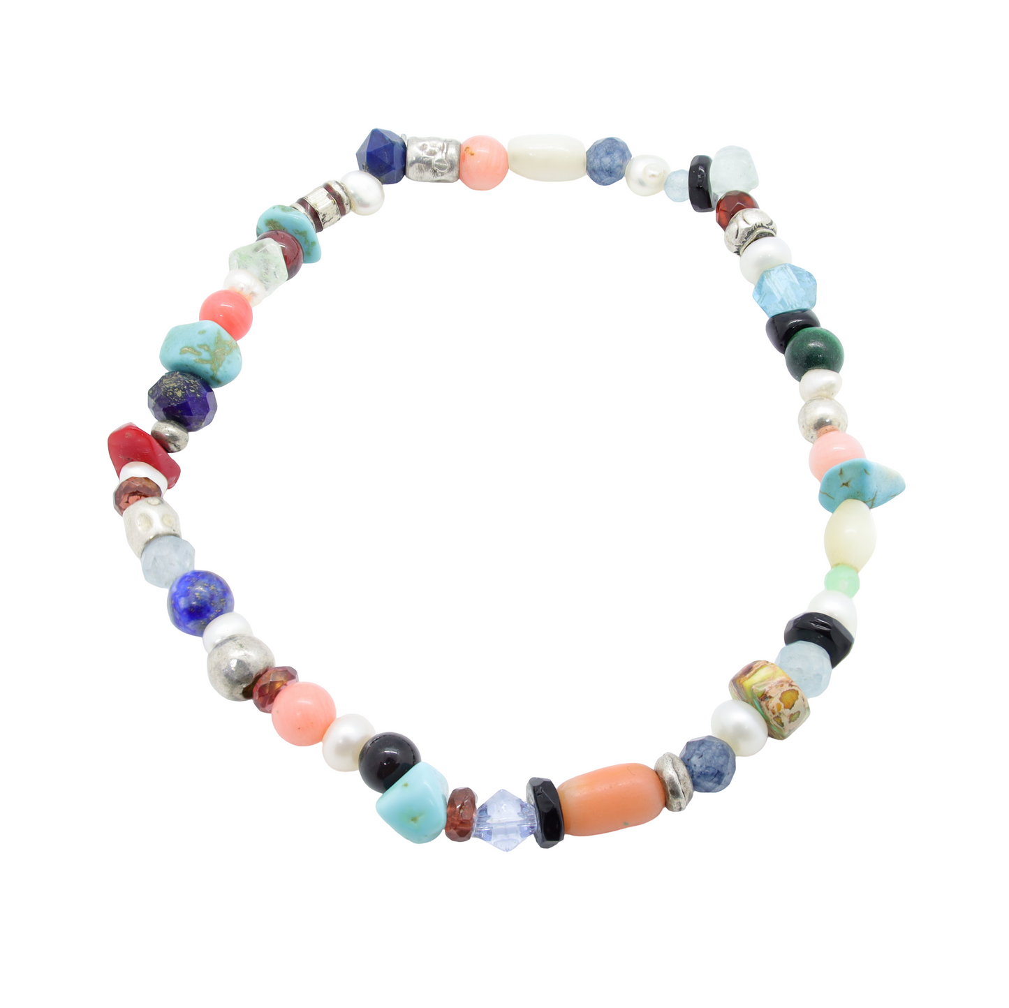 Bracelet Perles en Pierres Semi-Précieuses, Perles d'Eau Douce, Pâtes de Verre et Perles Intercalaires Argent