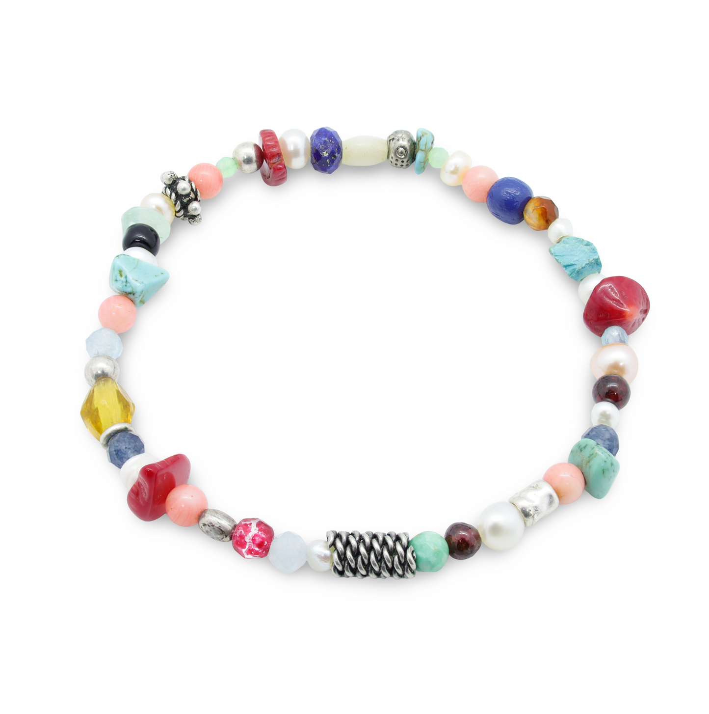 Bracelet Perles en Pierres Semi-Précieuses, Perles d'Eau Douce, Pâtes de Verre et Perles Intercalaires Argent
