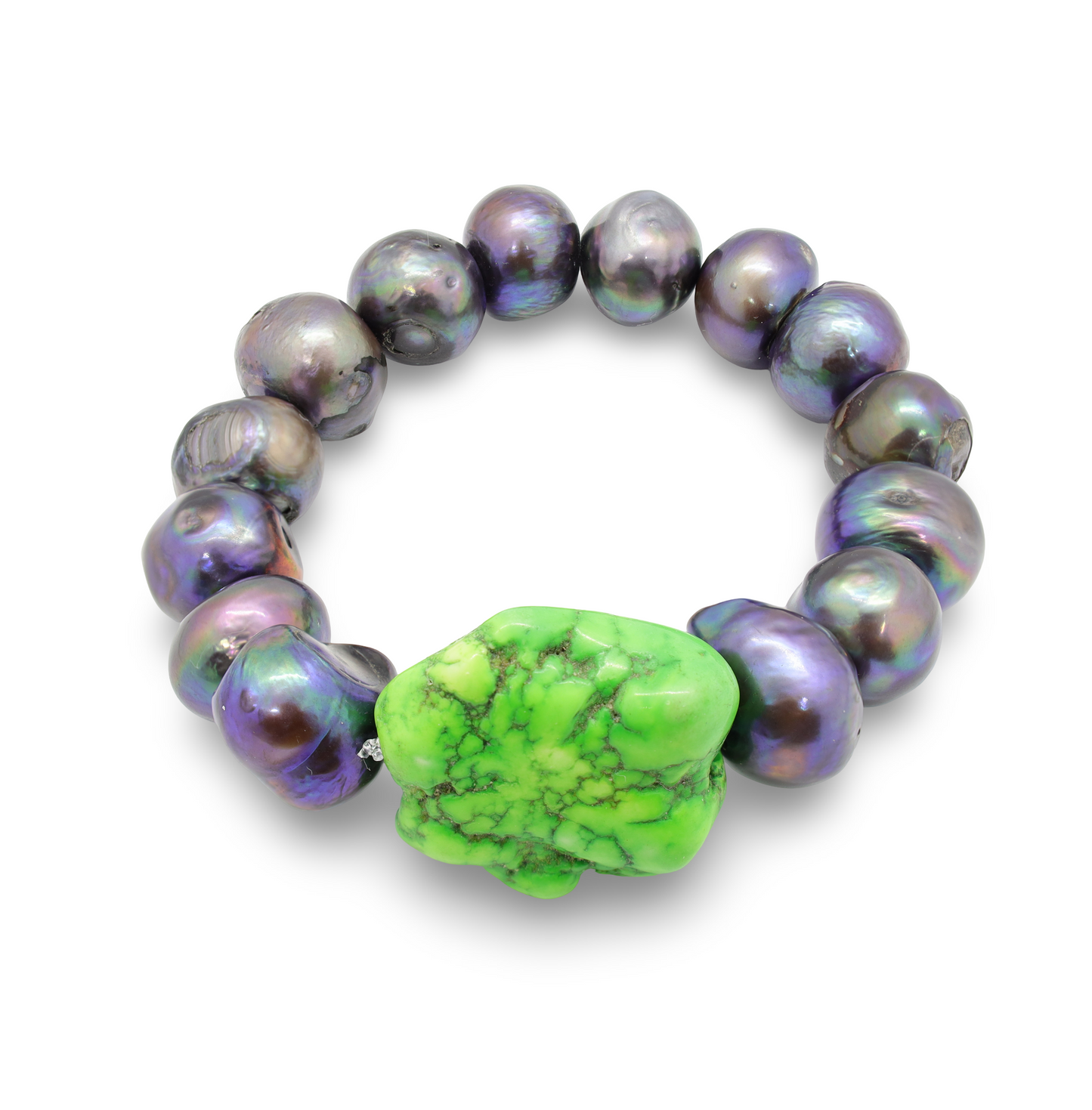 Bracelet Perles Baroques d'Eau Douce Noires et Howlite Verte
