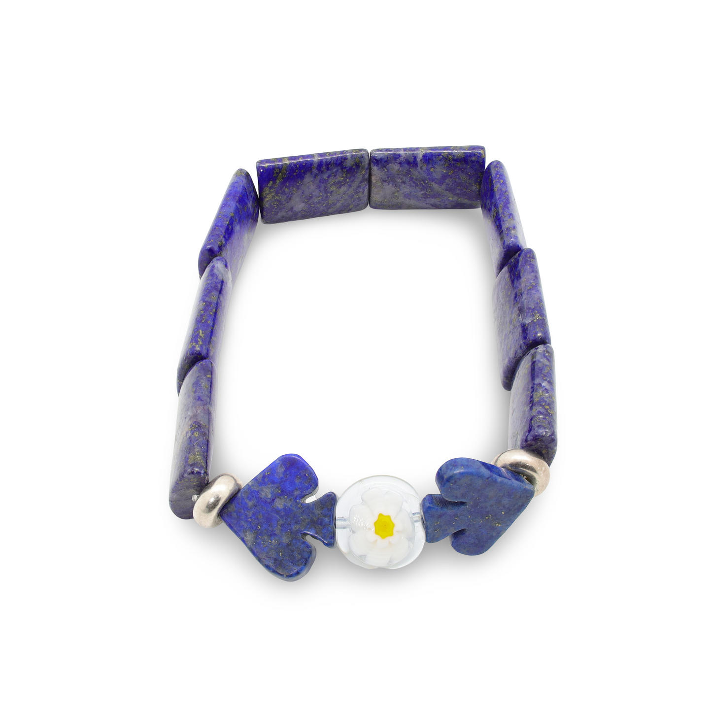 Bracelet en Lapis-Lazuli, Motifs "Piques", Pâte de Verre Florale et Perles Intercalaires Argent