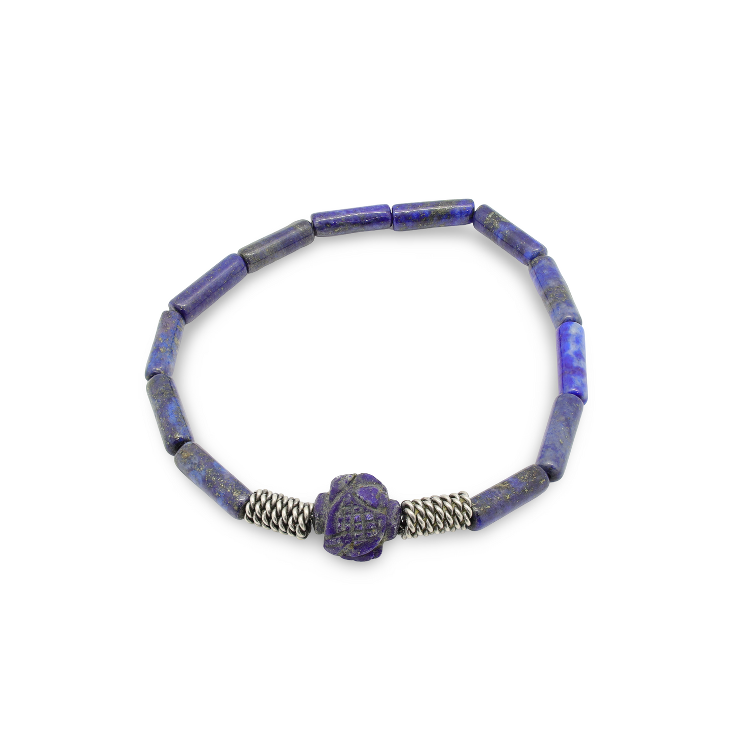 Bracelet en Lapis-Lazuli, Perles Tubulaires, Perle Gravée et Perles Intercalaires Argent