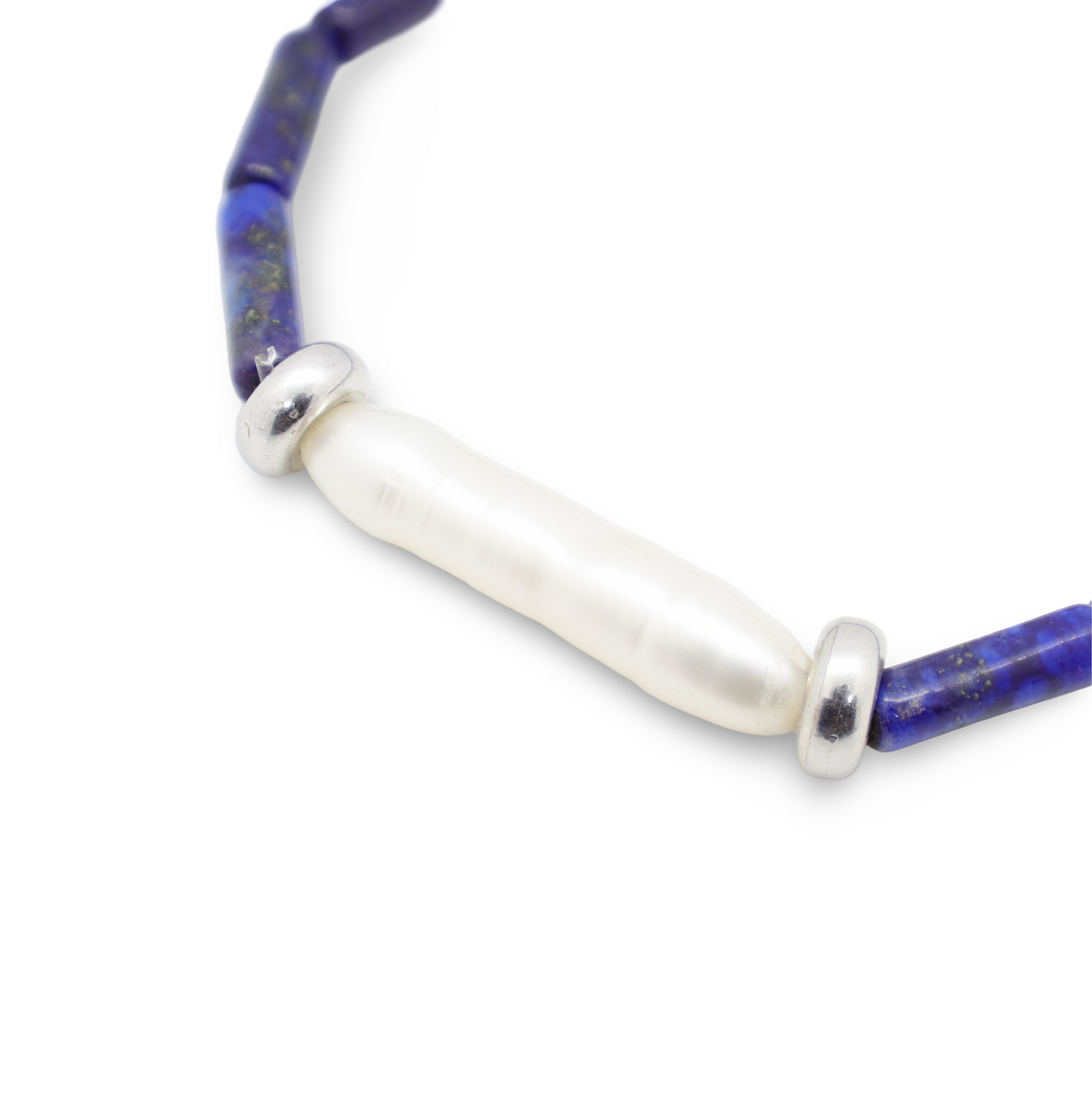 Bracelet en Lapis-Lazuli, Perles Tubulaires, Perle Baroque d'Eau Douce Allongée et Perles Intercalaires Argent