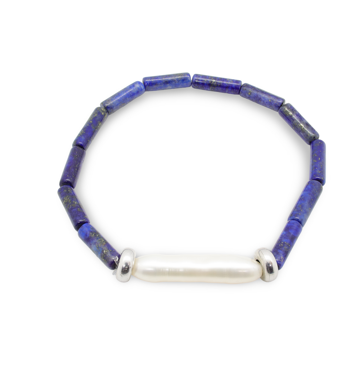 Bracelet en Lapis-Lazuli, Perles Tubulaires, Perle Baroque d'Eau Douce Allongée et Perles Intercalaires Argent