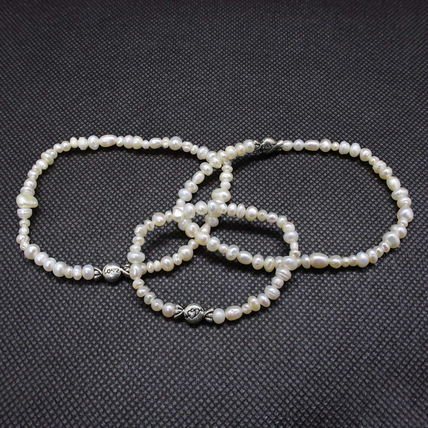 Bracelets Trio Bébé - Maman - Papa en Perles Baroques d'Eau Douce Blanches et Perles Argent "Love"