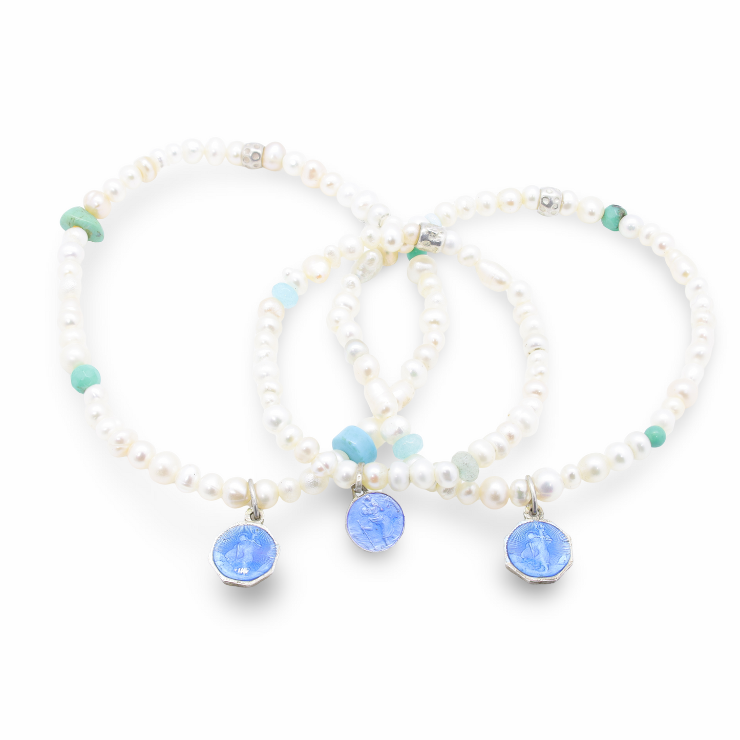 Bracelets Trio Bébé - Maman - Papa en Perles Baroques d'Eau Douce et Pierres Naturelles, Perles Intercalaires Argent et Médailles "Vierge" Émaillées