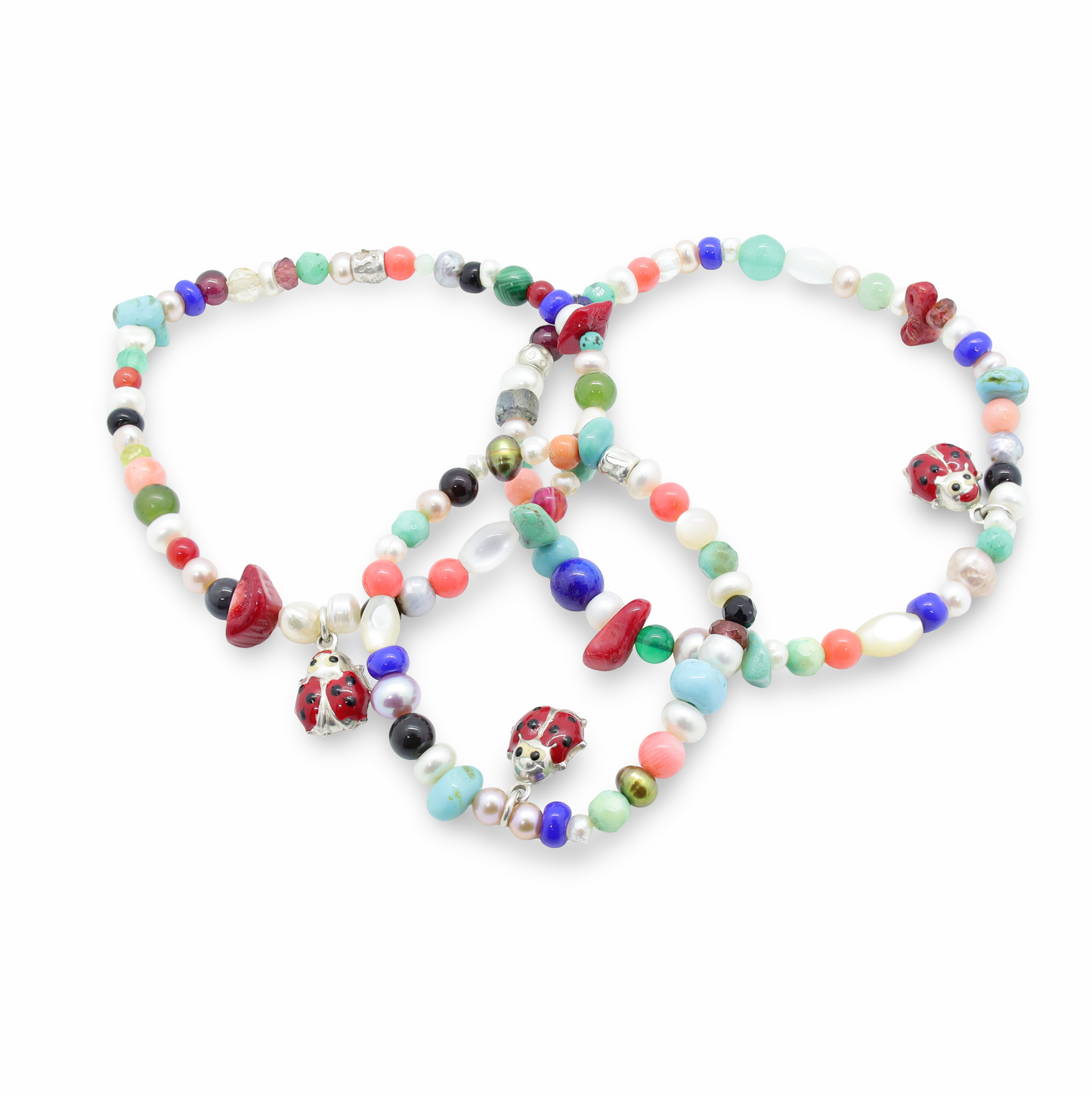 Bracelets Trio Bébé - Maman - Papa en Pierres Naturelles et Perles Argent Motif "Coccinelle"