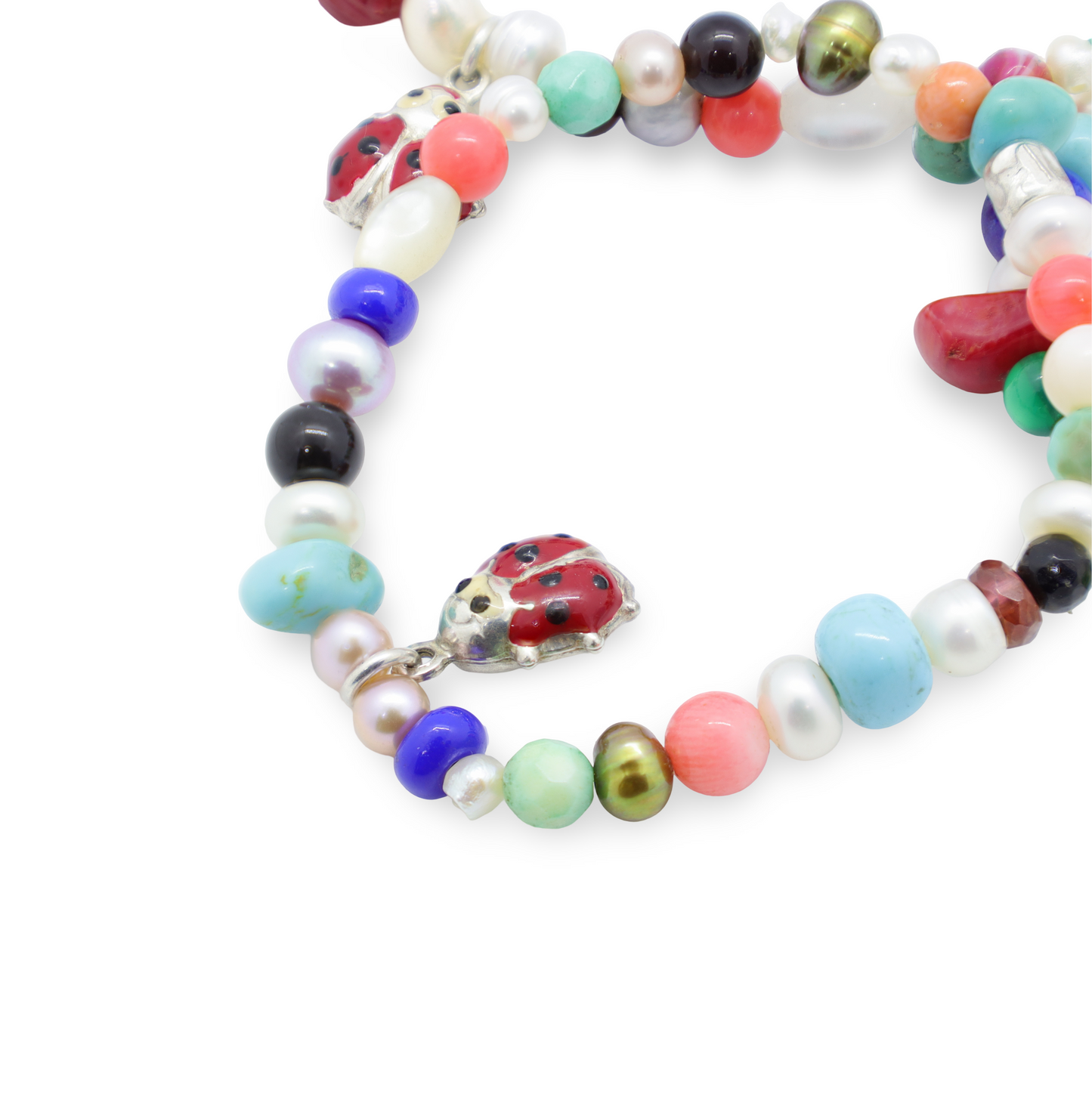 Bracelets Trio Bébé - Maman - Papa en Pierres Naturelles et Perles Argent Motif "Coccinelle"