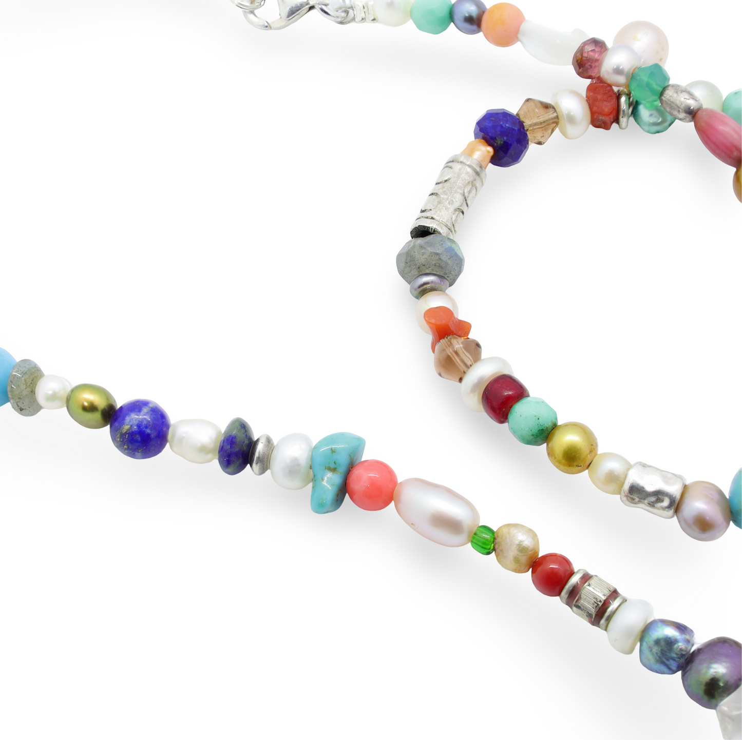 Collier Perles en Pierres Semi-Précieuses, Perles d'Eau Douce, Pâtes de Verre et Perles Intercalaires Argent