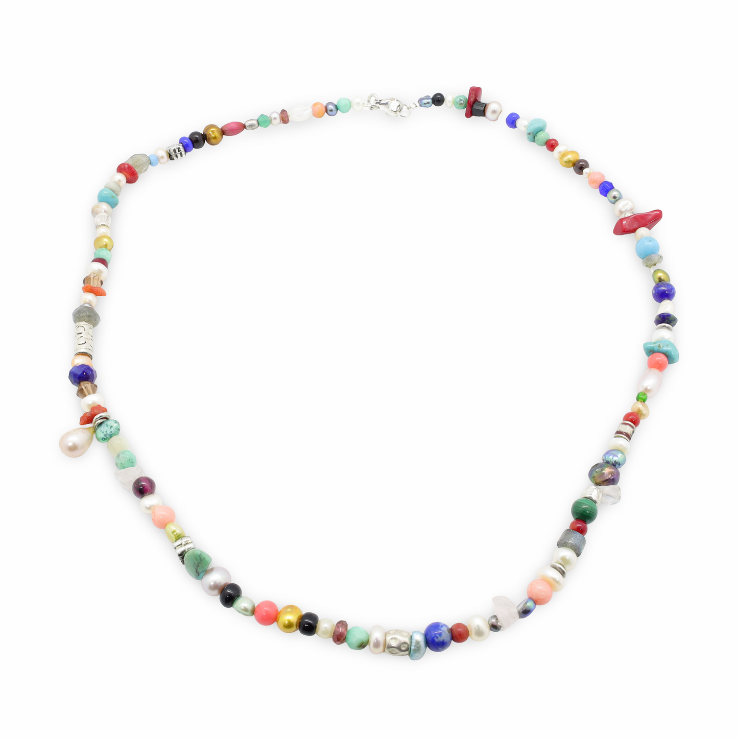 Collier Perles en Pierres Semi-Précieuses, Perles d'Eau Douce, Pâtes de Verre et Perles Intercalaires Argent
