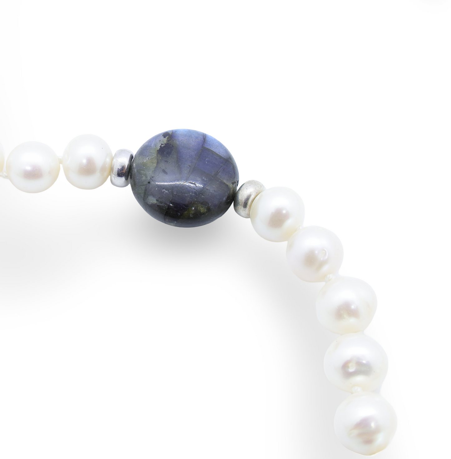 Collier Choker Perles Baroques d’Eau Douce Blanches, Perle en Labradorite et Perles Intercalaires Argent