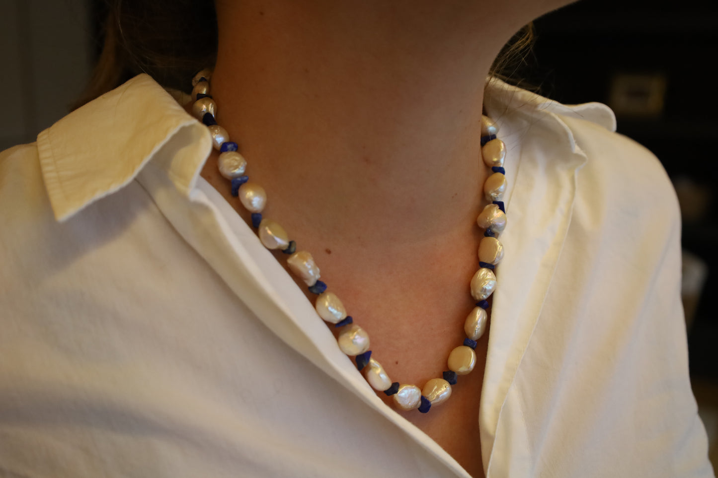 Collier Perles Baroques d'Eau Douce, et Perles Baroques de Lapiz-Lazuli