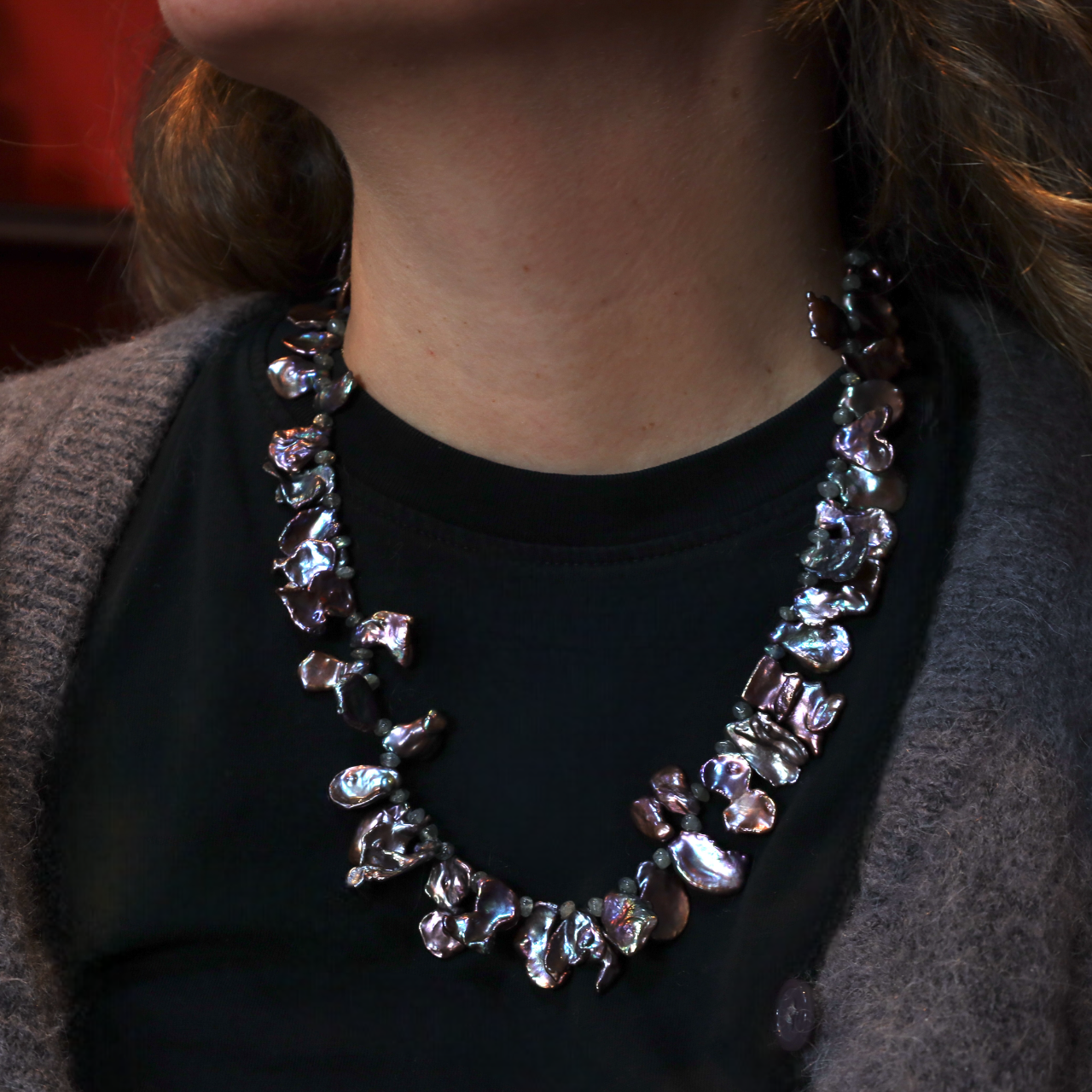 Collier Perles Keshi d'Eau Douce Gris Violine, Perles en Labradorite et Fermoir Argent