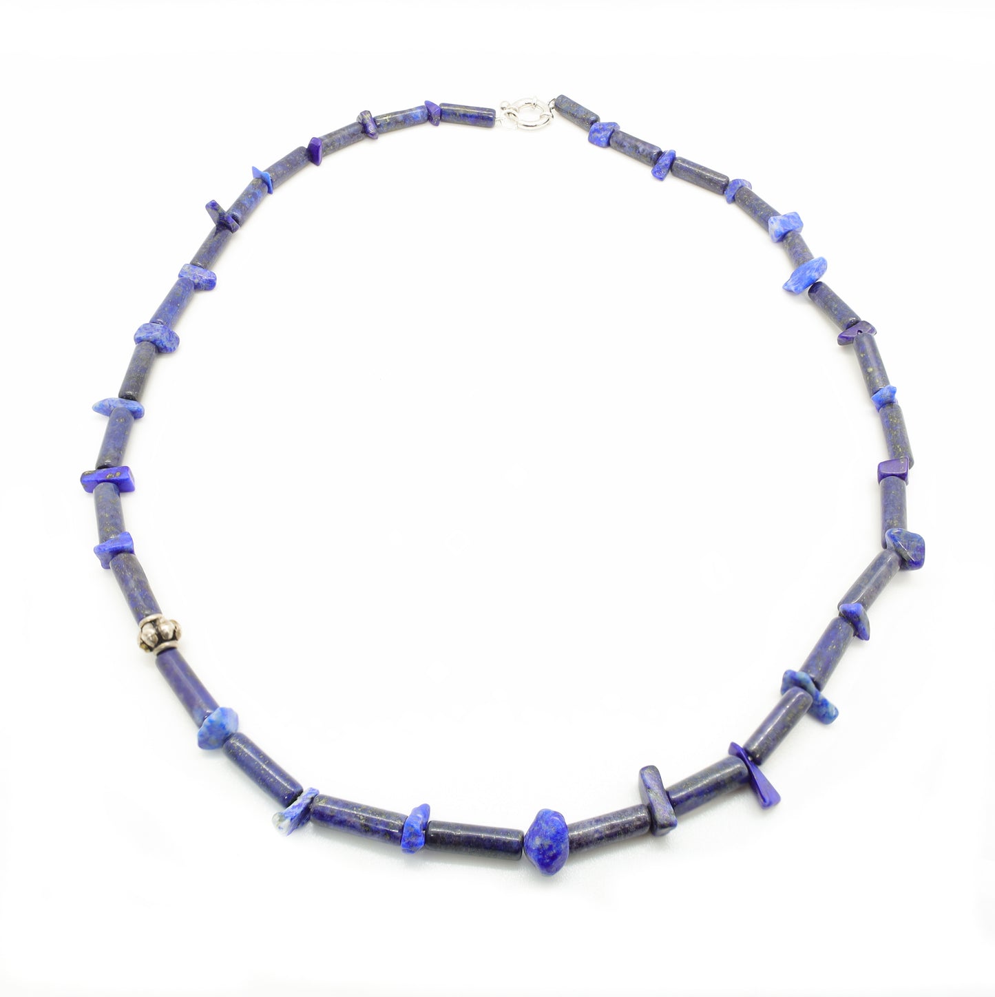 Collier en Lapis-Lazuli, Perles Tubulaires et Baroques et Perle Intercalaire Argent