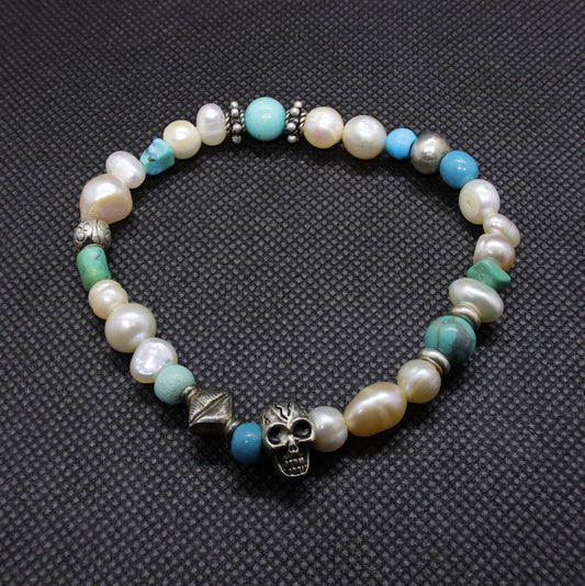 Bracelet Perles Baroques d'Eau Douce, Turquoise, Perle Tête de Mort Argent et Perles Intercalaires Argent