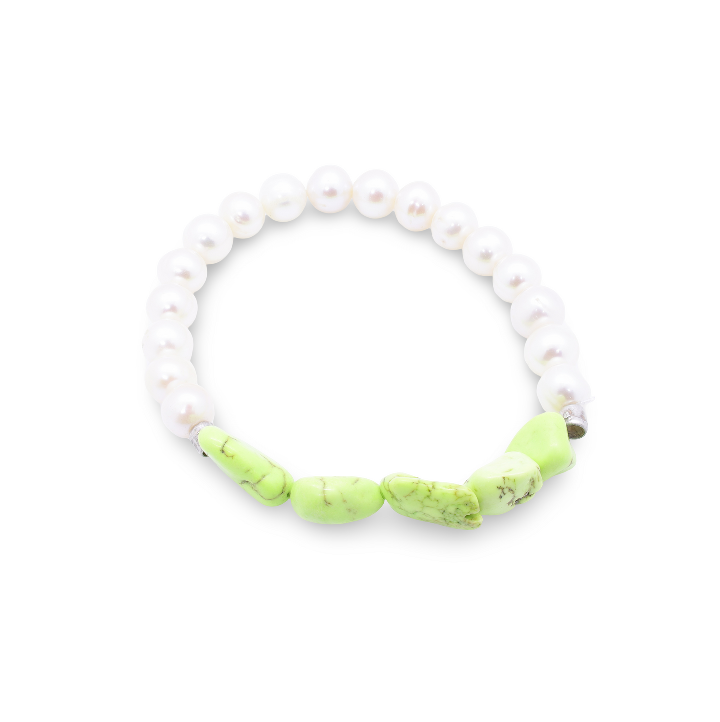 Bracelet Perles Baroques d'Eau Douce Blanches, Howlites Vert Pastel et Perles Intercalaires Argent