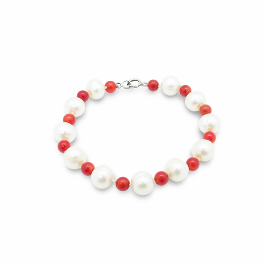 Bracelet Perles Baroques d’Eau Douce Blanches et Perles de Corail Rouge