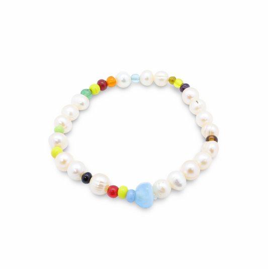 Bracelet Perles Baroques d’Eau Douce Blanches et Perles en Pâte de Verre Multicolores