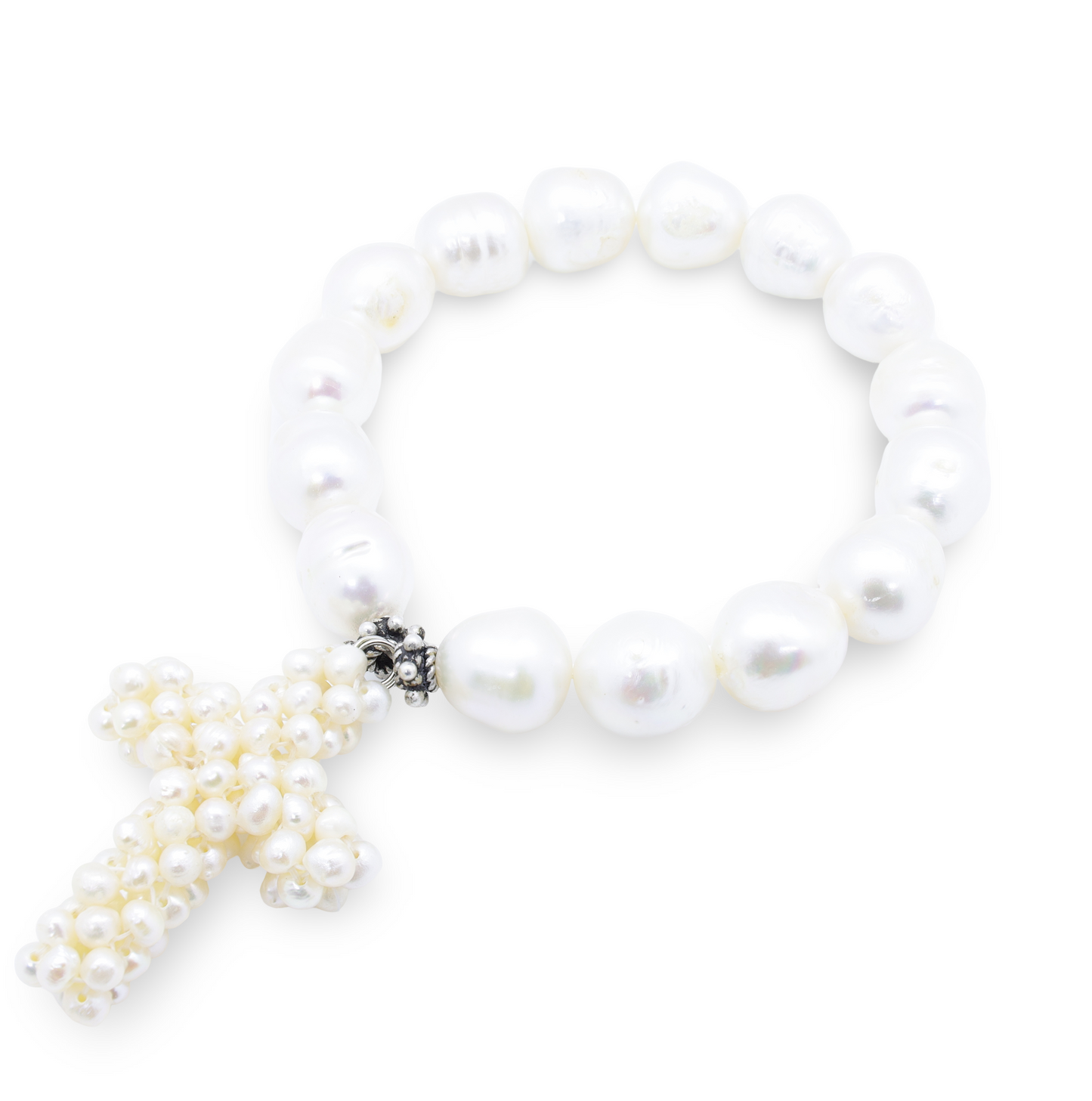 Bracelet Perles Baroques d'Eau Douce, Croix Perlée et Perles Intercalaires Argent