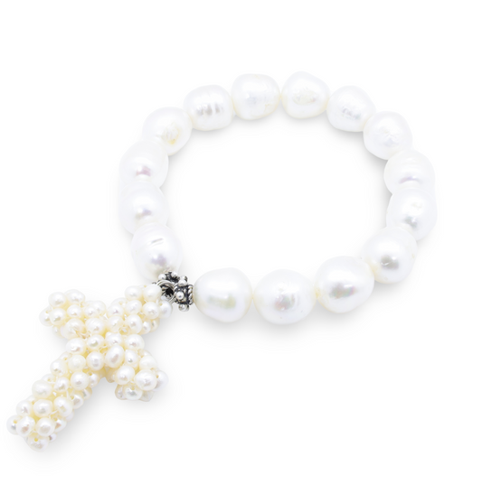 Bracelet Perles Baroques d'Eau Douce, Croix Perlée et Perles Intercalaires Argent