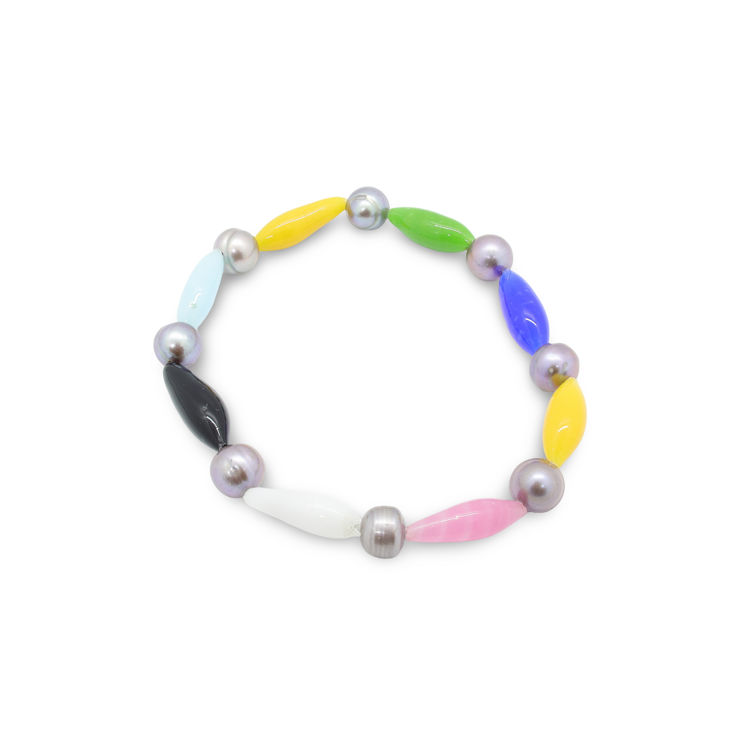 Bracelet Perles Baroques d'Eau Douce Grises Nacrées et Gouttes en Pâte de Verre Colorée