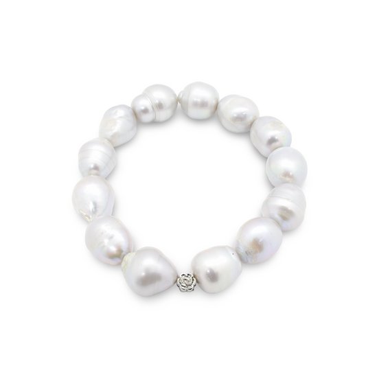 Bracelet Perles Baroques d'Eau Douce Grises et Perle Florale Argent