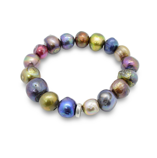 Bracelet Perles Baroques d'Eau Douce Irisation Multicolore et Perle Intercalaire Argent