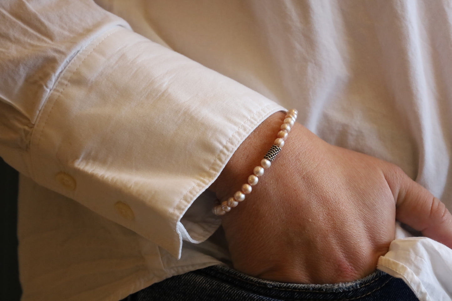 Bracelet Perles Baroques d'Eau Douce Rose Ancien et Perle Intercalaire Argent