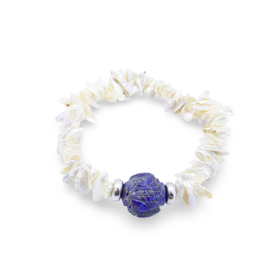 Bracelet Perles Keshi Lamelles Blanches, Perles Gravée en Lapis-Lazuli et Perles Intercalaires Argent