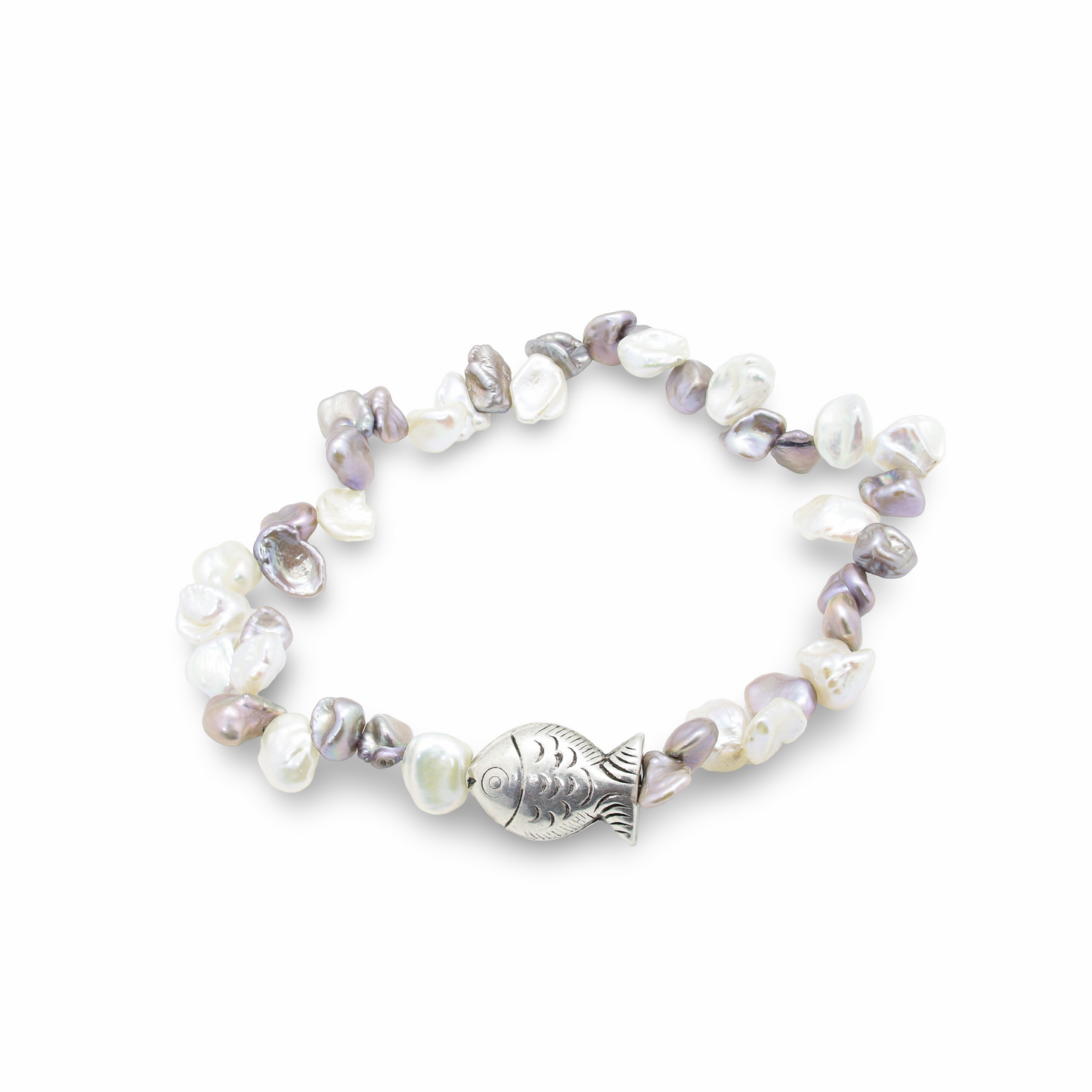 Bracelet Perles Keshi d'Eau Douce Violine et Perle Poisson Argent