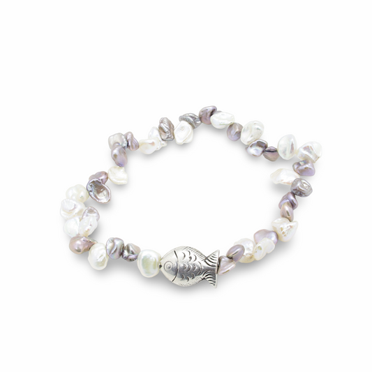 Bracelet Perles Keshi d'Eau Douce Violine et Perle Poisson Argent