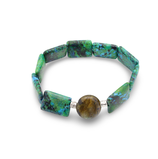 Bracelet Perles Malachite, Labradorite et Perles Intercalaires en Argent
