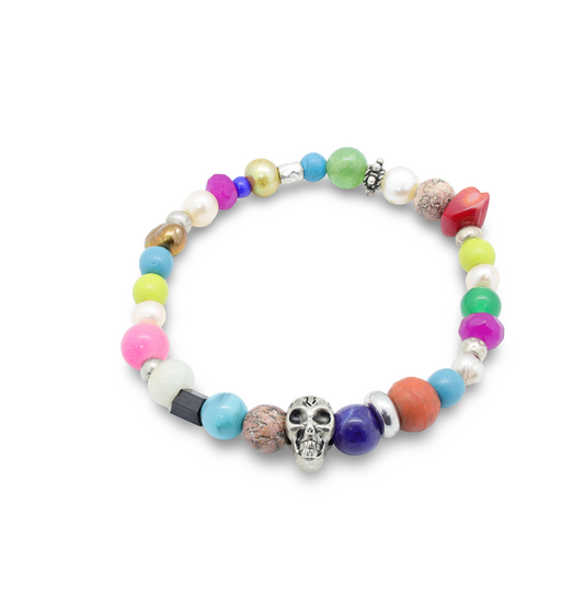 Bracelet Perles Multicolore, Multi-matières, Perle Tête de Mort Argent et Perles Intercalaires Argent