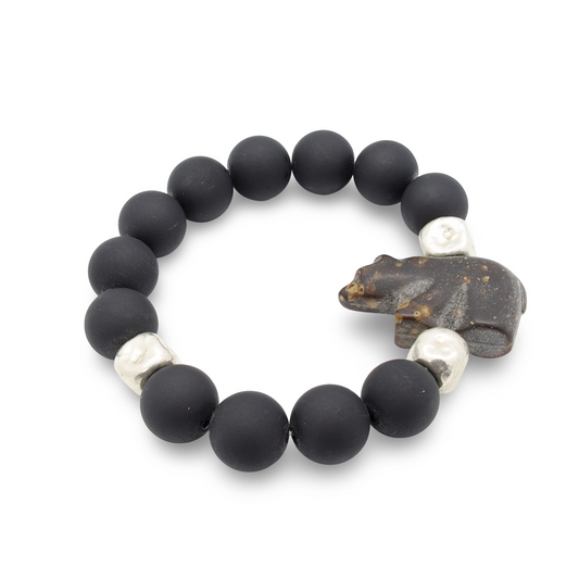 Bracelet Perles Noires en Verre, Perles Géométriques Argent et Ours Brun Marron en Résine
