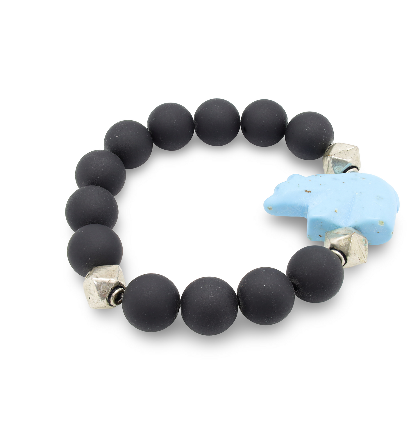 Bracelet Perles Noires en Verre, Perles Géométriques Argent et Ours Polaire Turquoise en Résine