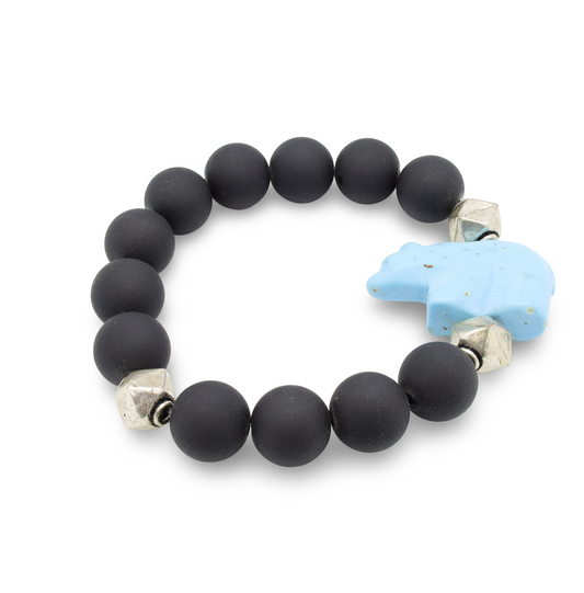 Bracelet Perles Noires en Verre, Perles Géométriques Argent et Ours Polaire Turquoise en Résine