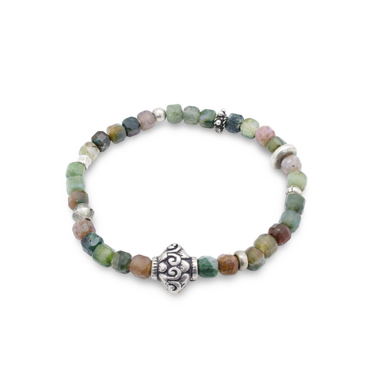 Bracelet Perles d'Agate Facetées, Motif Ciselé et Perles Intercalaires Argent