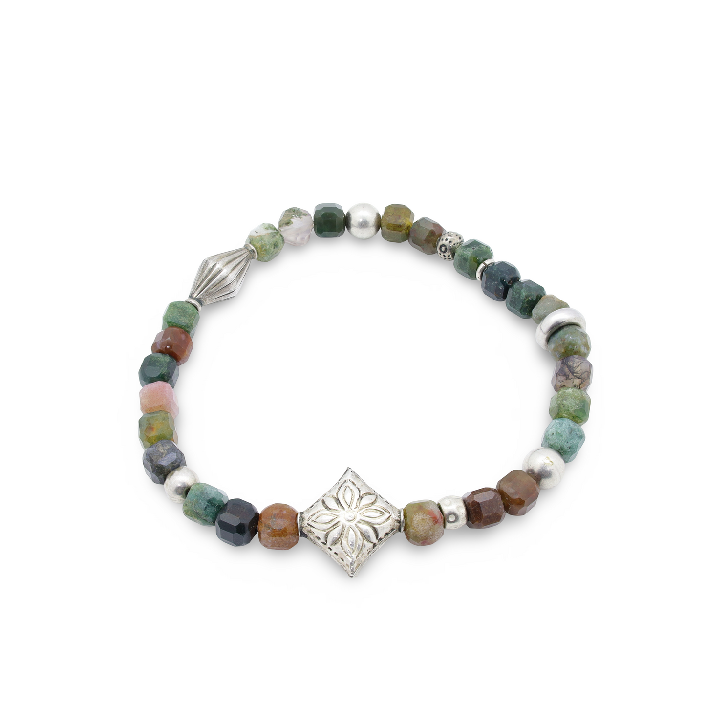 Bracelet Perles d'Agate Facetées, Motif Floral et Perles Intercalaires Argent
