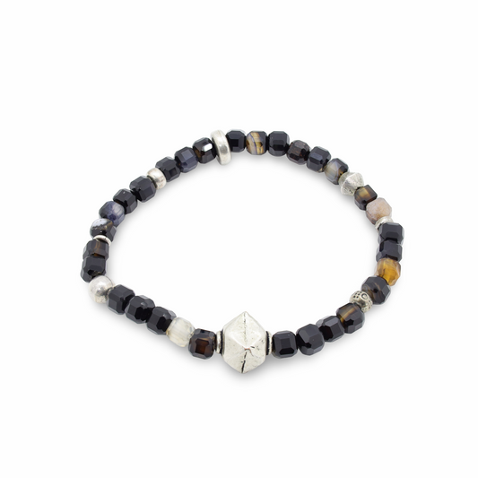 Bracelet Perles d'Agate Facetées, Motif Géométrique et Perles Intercalaires Argent