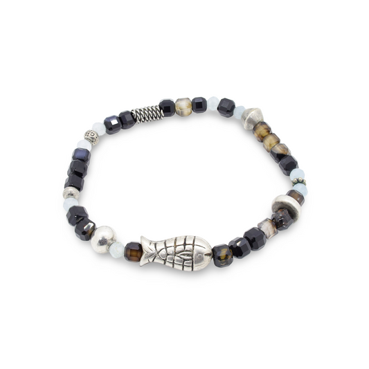 Bracelet Perles d'Agate Facetées, Motif Poisson Ethnique et Perles Intercalaires Argent