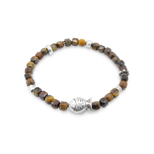 Bracelet Perles d'Agate Facetées, Motif Poisson et Perles Intercalaires Argent