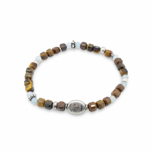 Bracelet Perles d'Agate Facetées, Motif Visage et Perles Intercalaires Argent