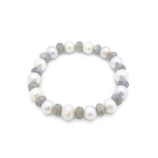 Bracelet Perles d'Eau Douce Blanches et Perles de Labradorite Facettées